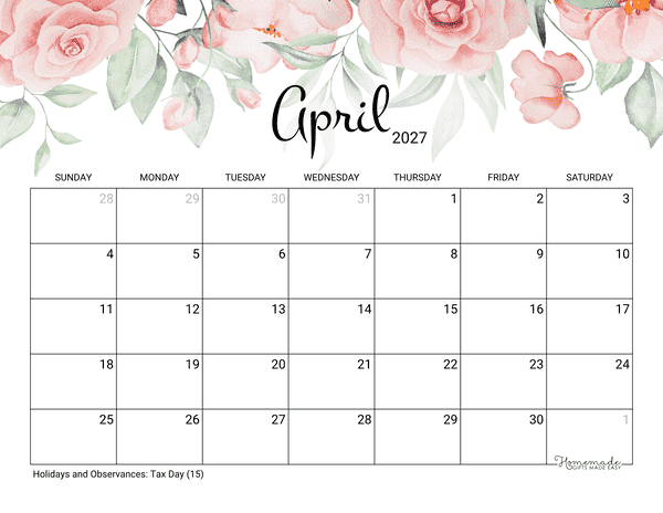 April Calendar 2027 Printable Rose