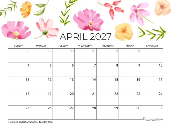 April Calendar 2027 Printable Spring Flowers Landscape