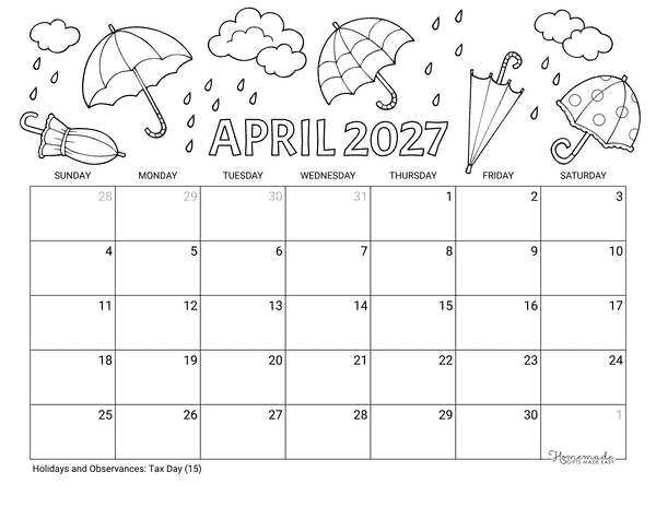 April Calendar 2027 Printable Umbrellas Rain to Color Landscape