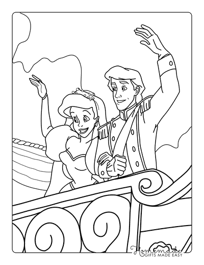 Ariel Coloring Pages Easy Ariel and Prince Eric Wedding Waving Outline to Color
