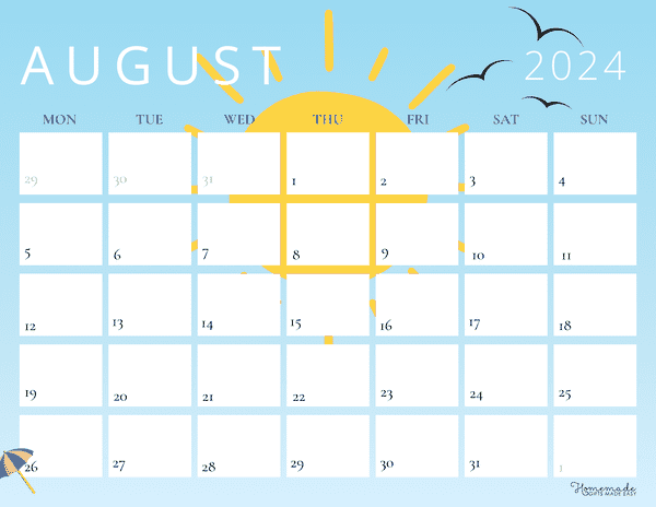 August 2024 Calendars Summertime Sun Monday Start