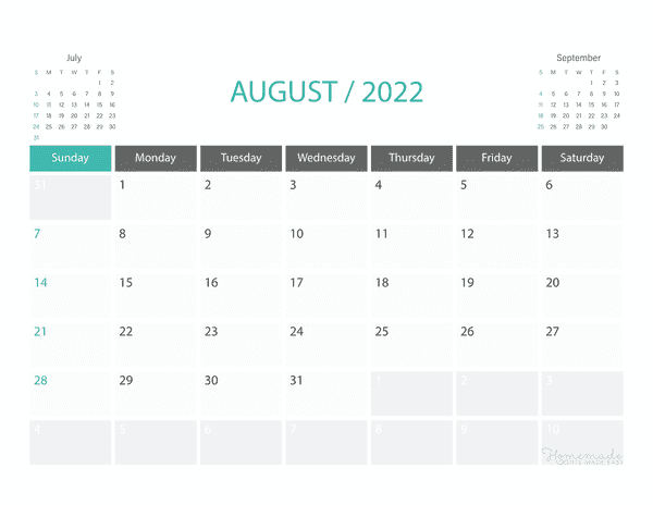 August Calendar 2022 Printable Corporate Landscape
