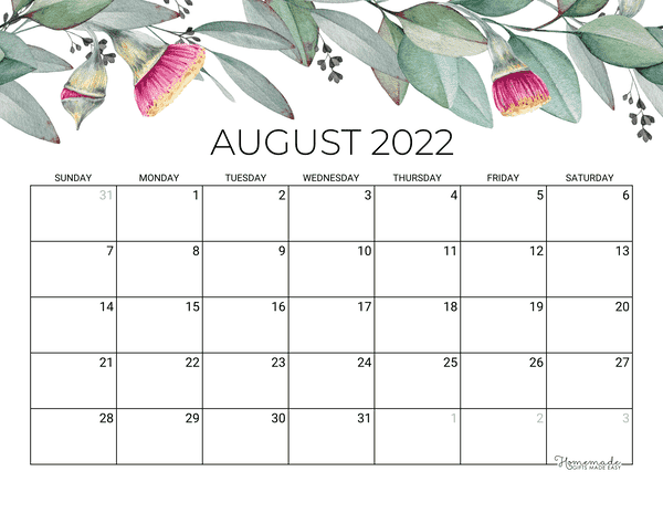 august Calendar 2022 Printable Eucalyptus
