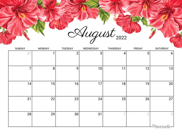 august Calendar 2022 Printable Hibiscus