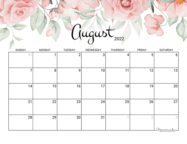 august Calendar 2022 Printable Rose