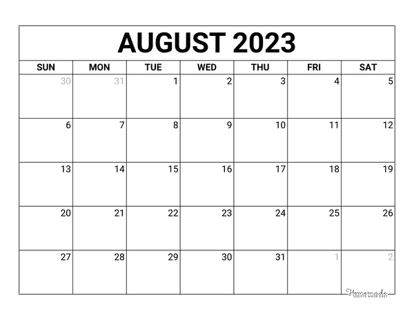 August Calendar 2023 Printable Blank