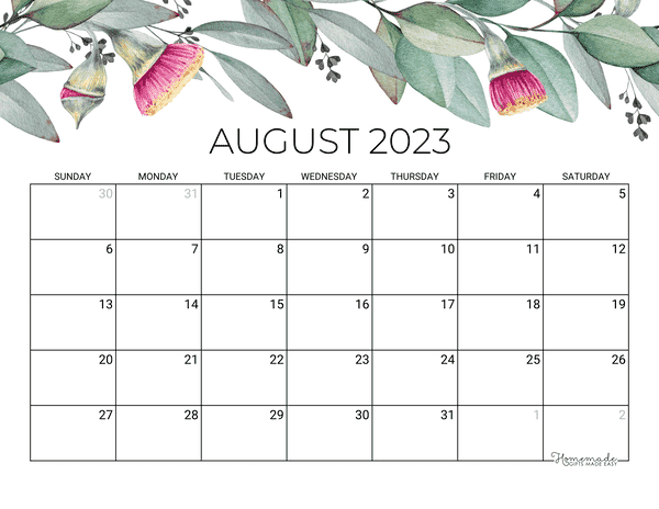 August Calendar 2023 Printable Eucalyptus