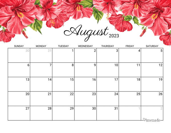 August Calendar 2023 Printable hibiscus