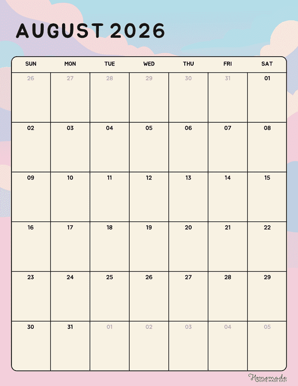 August Calendar 2026 Colorful Pastel Kawaii Evening Sky