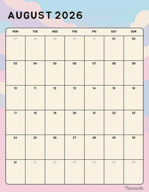 August Calendar 2026 Colorful Pastel Kawaii Evening Sky Monday Start