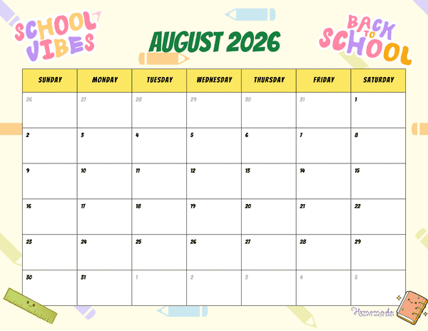 August Calendar 2026 Colorful Playful Back to School
