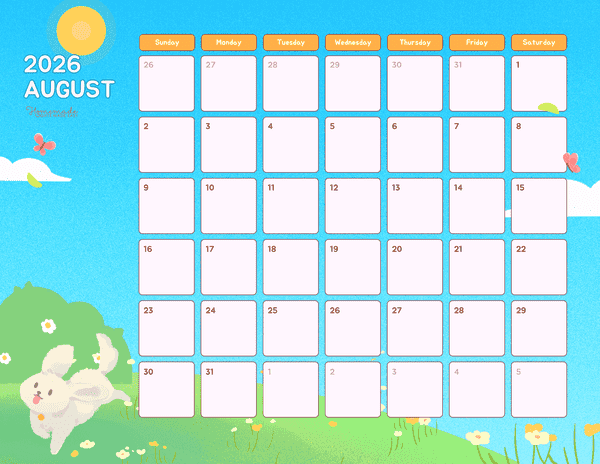 August Calendar 2026 Cute Colorful Summer Hills
