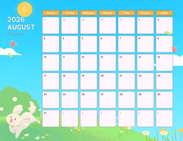 August Calendar 2026 Cute Colorful Summer Hills Monday Start