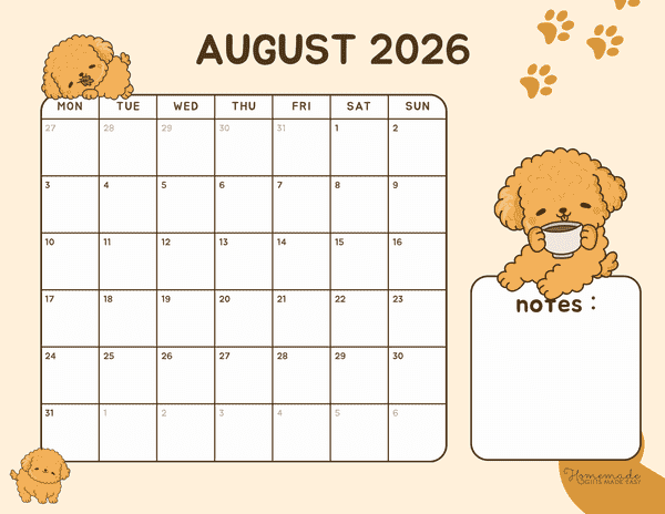 August Calendar 2026 Cute Kawaii Doggy Monday Start