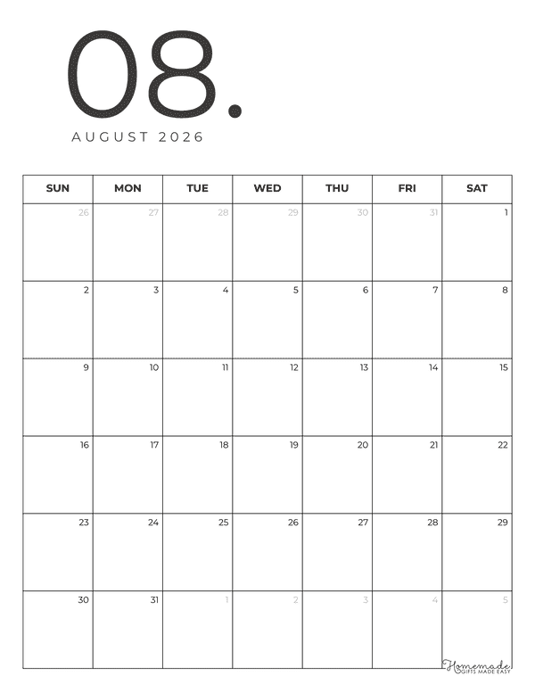 August Calendar 2026 Minimalist Portrait