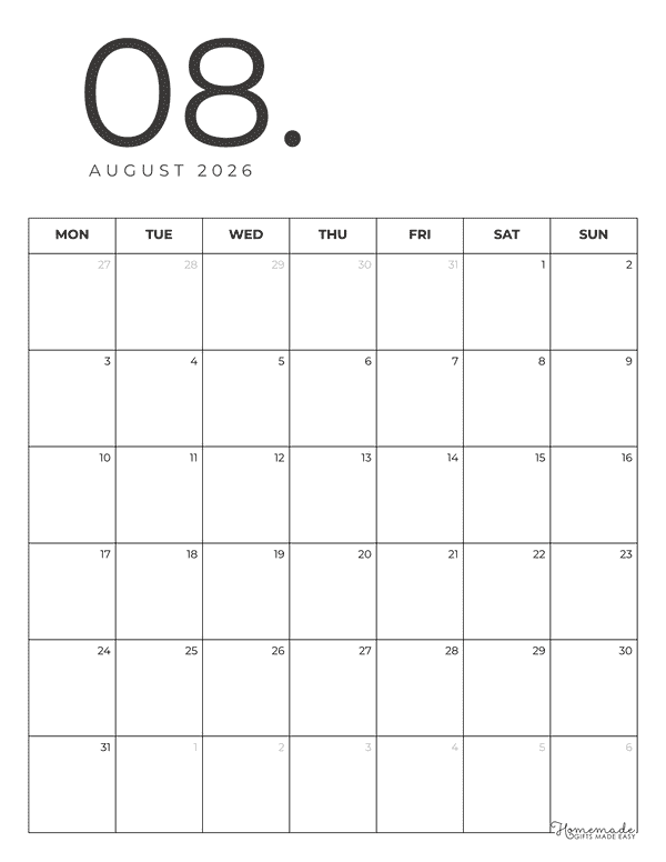 August Calendar 2026 Minimalist Portrait Monday Start