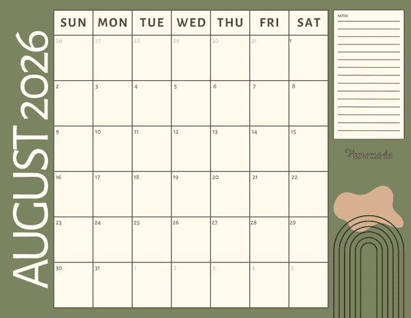 August Calendar 2026 Modern Abstract Green