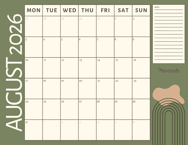 August Calendar 2026 Modern Abstract Green Monday Start