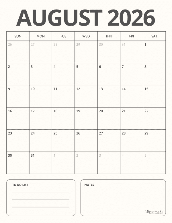 August Calendar 2026 Modern Simple Portrait