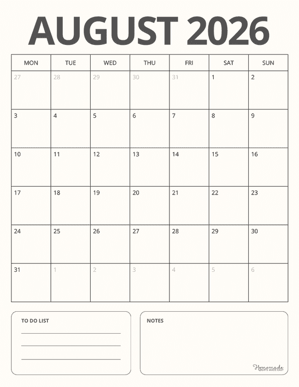 August Calendar 2026 Modern Simple Portrait Monday Start