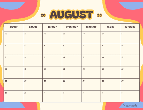 August Calendar 2026 Playful Colorful Retro