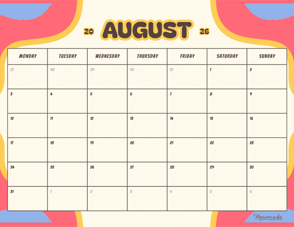 August Calendar 2026 Playful Colorful Retro Monday Start