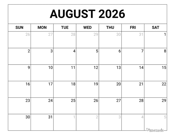 August Calendar 2026 Printable Blank