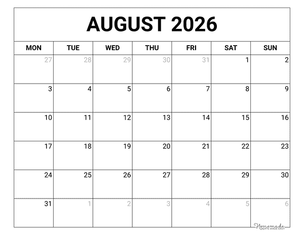August Calendar 2026 Printable Blank Monday Start