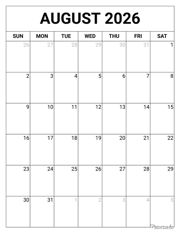 August Calendar 2026 Printable Blank Portrait