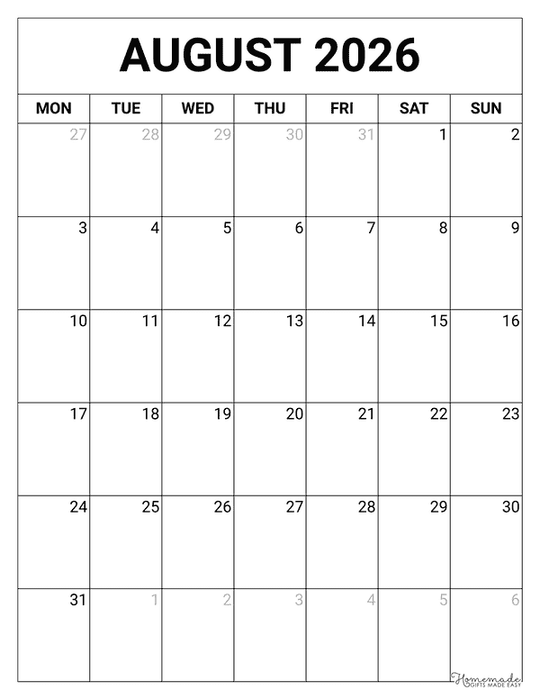 August Calendar 2026 Printable Blank Portrait Monday Start