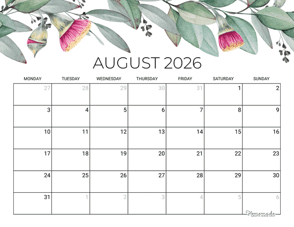 August Calendar 2026 Printable Eucalyptus Monday Start