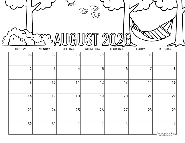 August Calendar 2026 Printable Relaxing Hammock Scene to Color