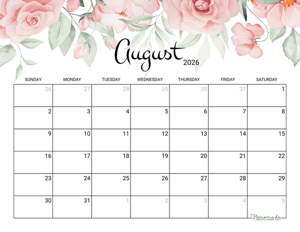 August Calendar 2026 Printable Rose