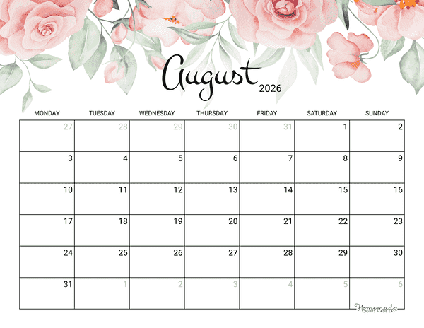 August Calendar 2026 Printable Rose Monday Start