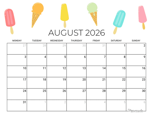 August Calendar 2026 Printable Summer Popsicle Landscape Monday Start