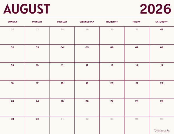 August Calendar 2026 Violet and White Minimalism