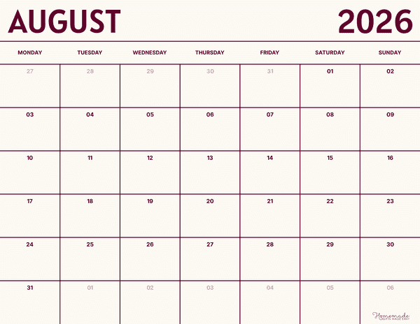 August Calendar 2026 Violet and White Minimalism Monday Start