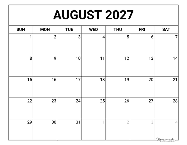 August Calendar 2027 Printable Blank