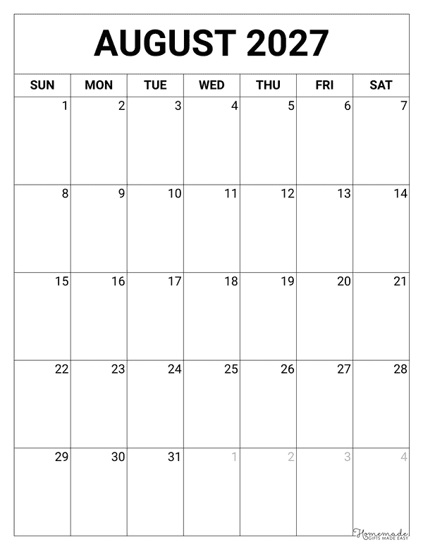 August Calendar 2027 Printable Blank Portrait