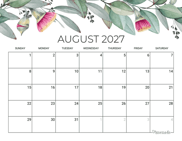 August Calendar 2027 Printable Eucalyptus