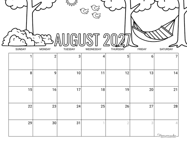 August Calendar 2027 Printable Relaxing Hammock Scene to Color