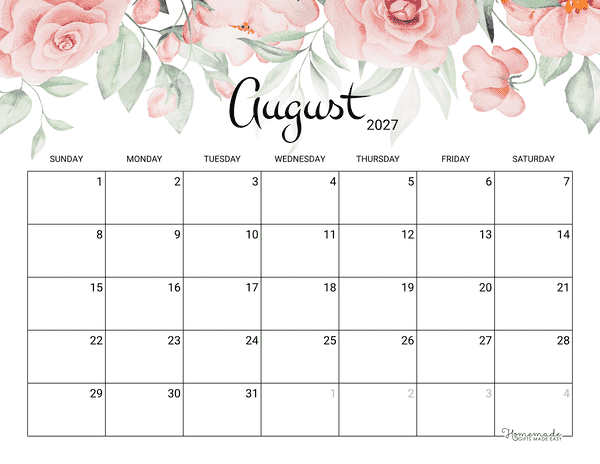 August Calendar 2027 Printable Rose