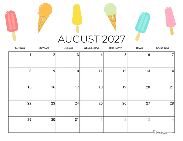 August Calendar 2027 Printable Summer Popsicle Landscape