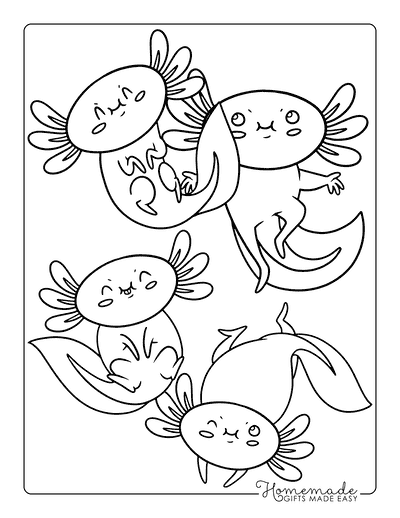 Axolotl Coloring Pages Cute Axolotl Friends Posing Together Outline