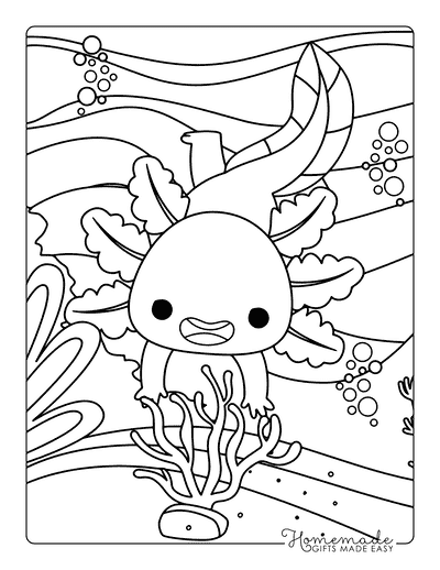Axolotl Coloring Pages Easy Cute Happy Axolotl Playing With Kelp