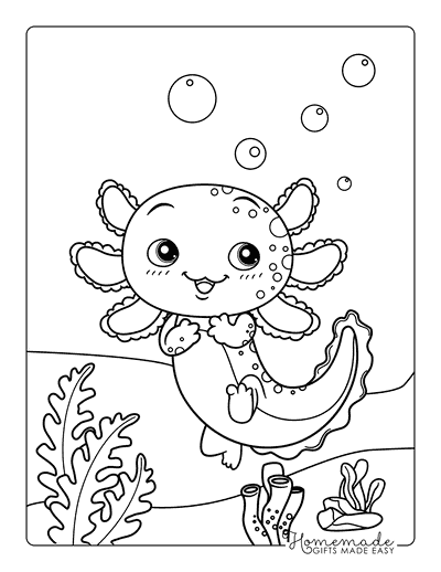 Axolotl Coloring Pages Easy Cute Happy Axolotl Swimming Underwater