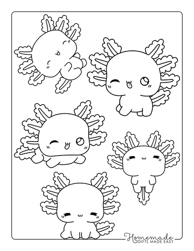 Axolotl Coloring Pages Easy Cute Kawaii Adorable Baby Axolotl Friends