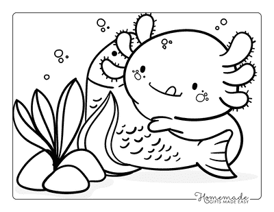 Axolotl Coloring Pages Easy Cute Kawaii Axolotl Eating Fish Under Water