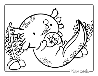 Axolotl Coloring Pages Easy Cute Kawaii Axolotl Eating Shrimp Under Water