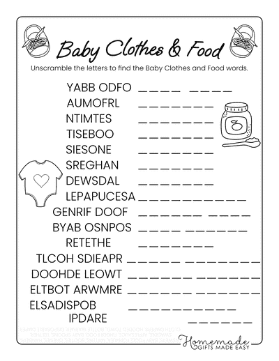 Baby Word Scramble Baby Clothes and Food